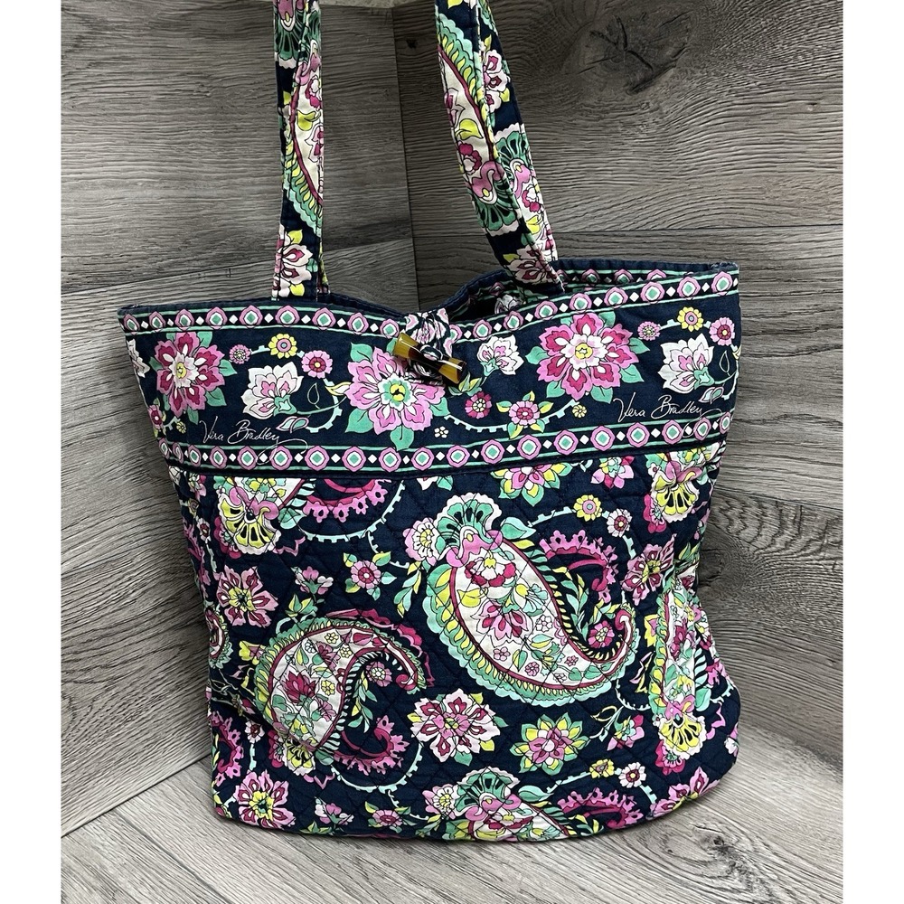 Navy Floral And Paisley Vera Bradley Shoulder Bag With Button Closure